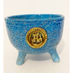 Mid Century Vintage Bitossi Ceramic Footed Bowl Medallion Decor Rimini Blue